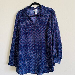 Catherines Women's Blue Patterned Top full button-down tunic flowy size 14/16W